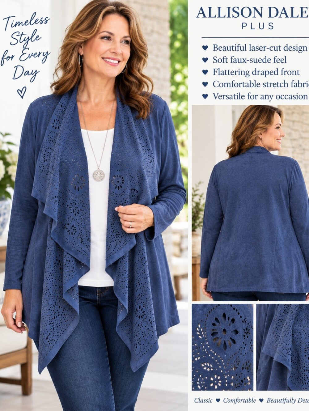 Allison Daley Plus 16W Indigo Blue Faux Suede Laser Cut Draped Cardigan